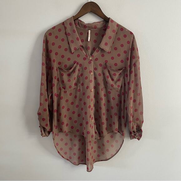 Free People | Women’s Easy Rider Copper Brown Button Down Blouse Polka Dot Shirt - Picture 3 of 10
